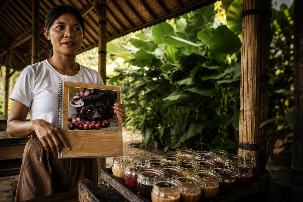 A guide on the Bali coffee farm presenting kopi luwak, where the Gayo Wild story began