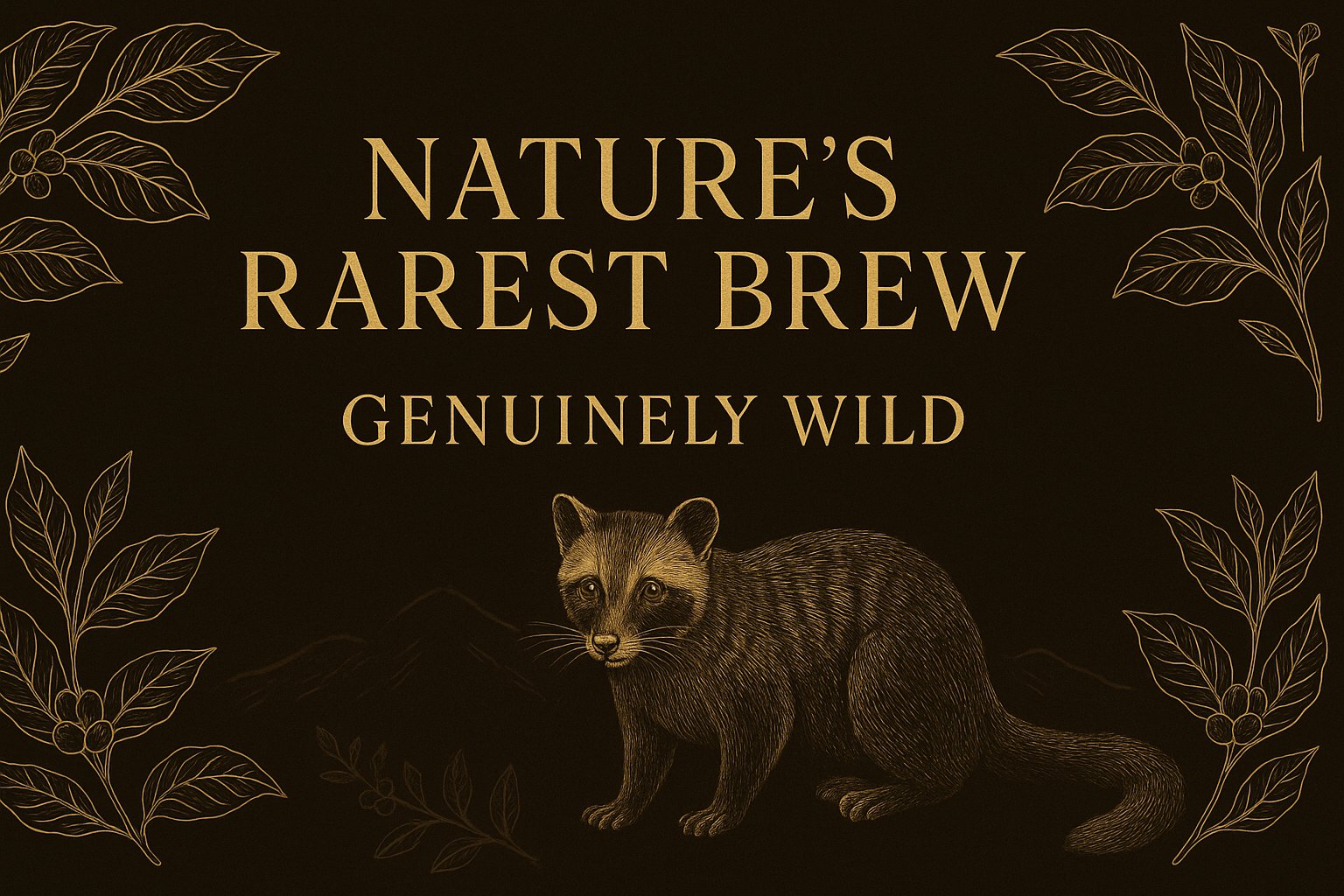Illustration of an Asian palm civet surrounded by coffee plant branches — the wild animal behind Gayo Wild Kopi Luwak