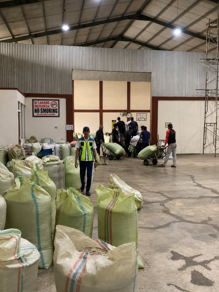 Sacks of green Gayo coffee in the farm warehouse before roasting