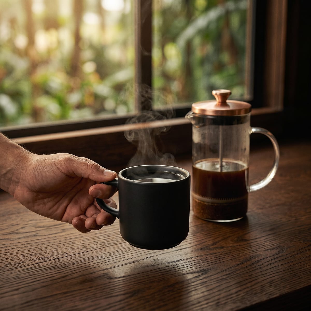 Eine Hand hebt eine schwarze Keramiktasse mit dampfendem Kaffee, dahinter eine French Press