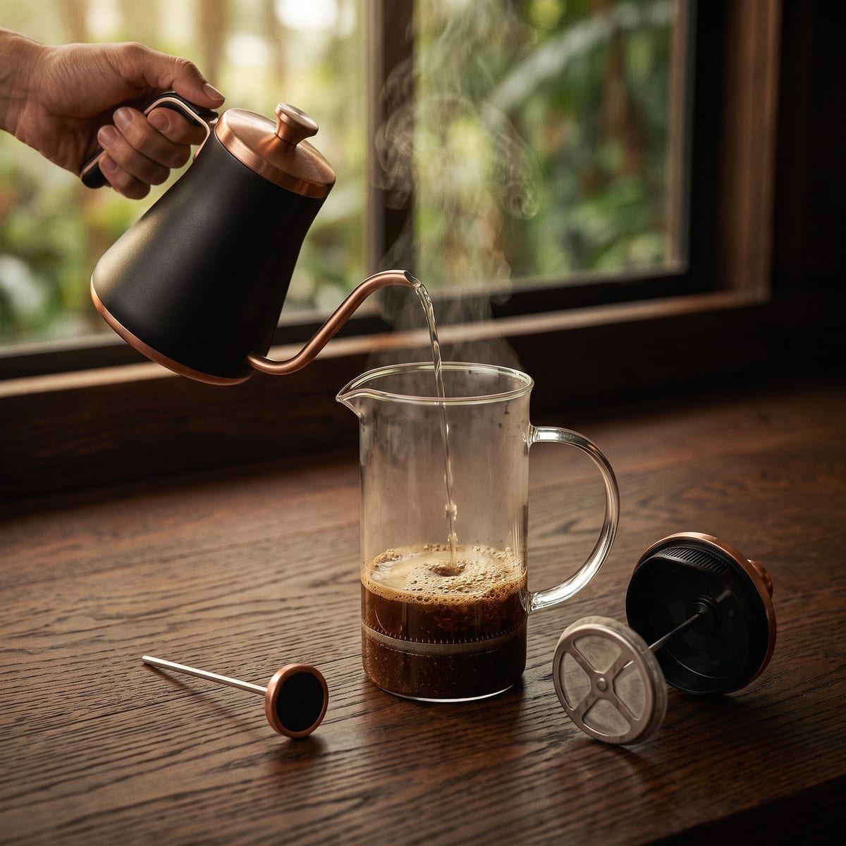Wasser fließt in einem langsamen Strahl aus einem Schwanenhalskessel in eine gläserne French Press mit gemahlenem Kaffee