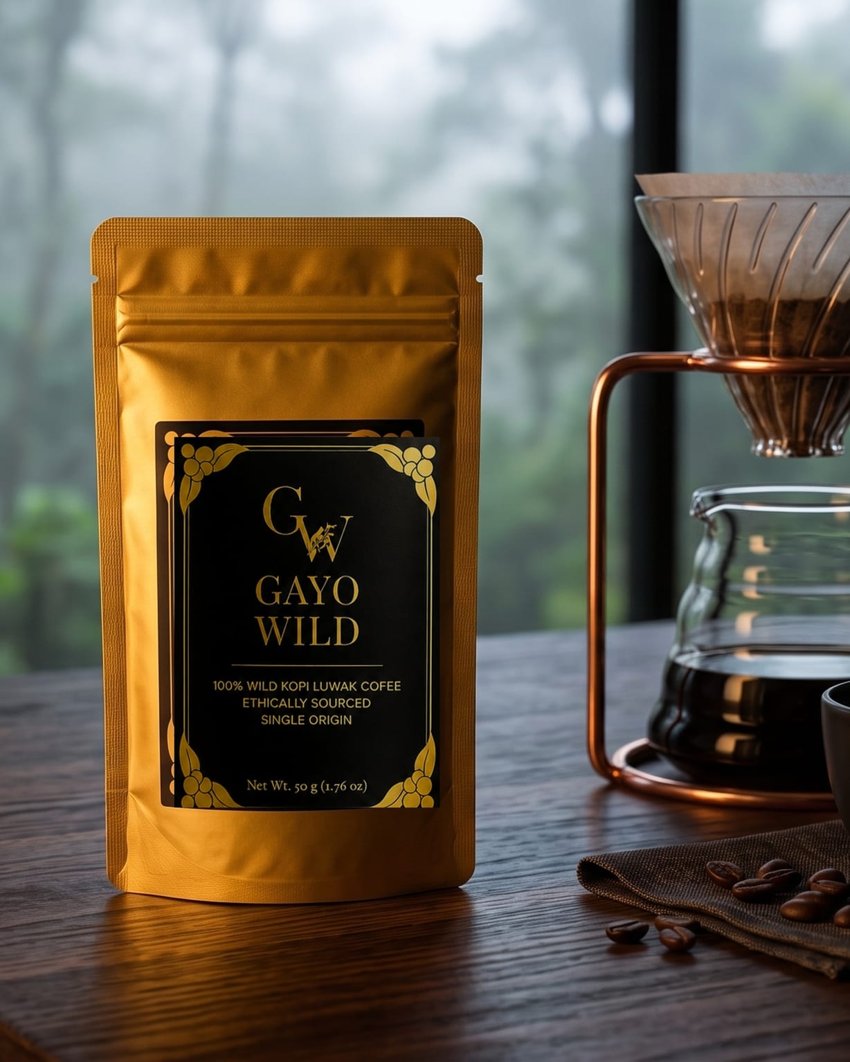 The Discovery pouch on an oak table by a misty window, beside a pour-over and a cup of black coffee