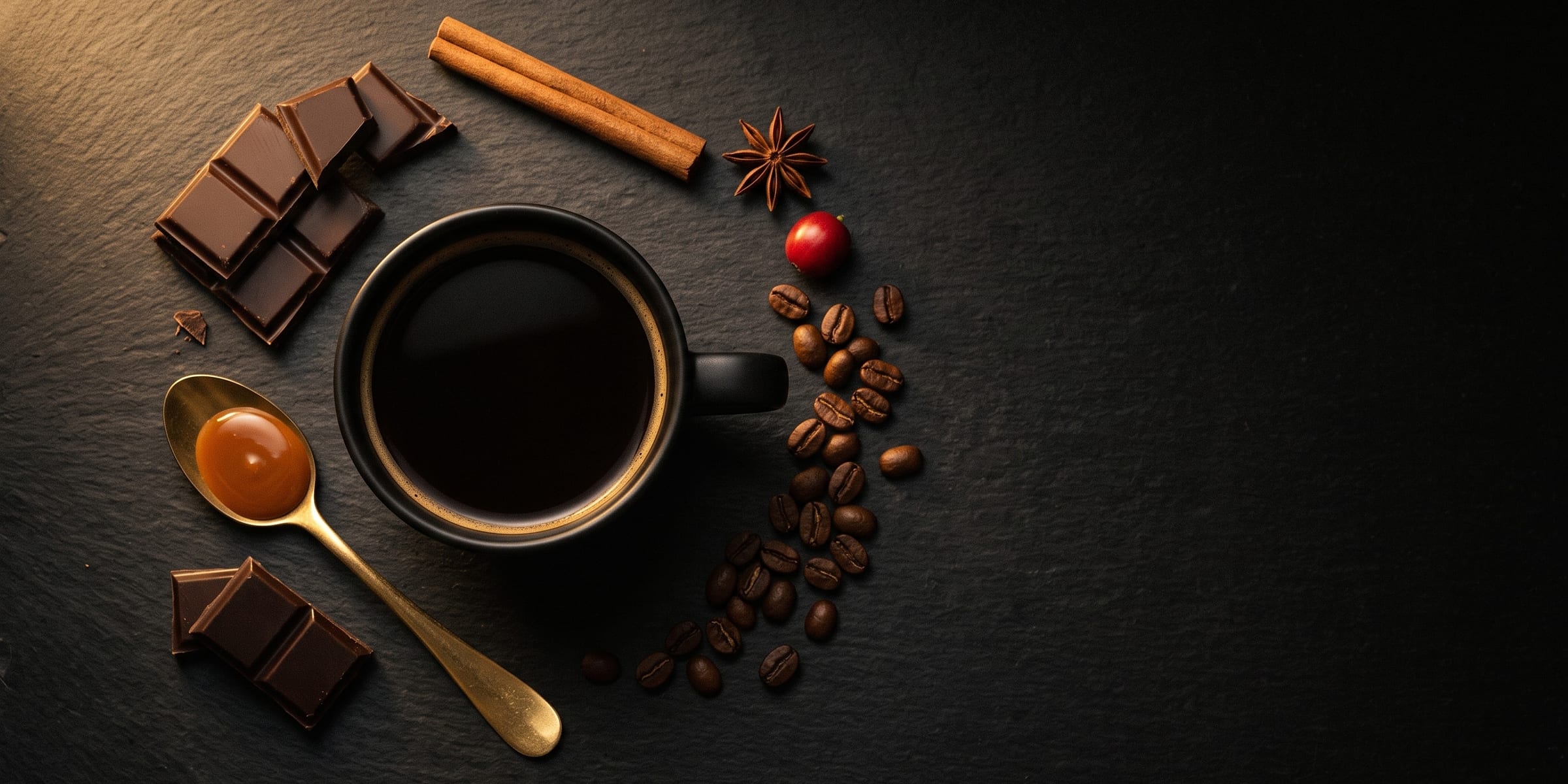 Eine Tasse schwarzer Kaffee auf dunklem Schiefer, umgeben von Zartbitterschokolade, Karamell auf einem goldenen Löffel, Zimt, Sternanis und gerösteten Bohnen