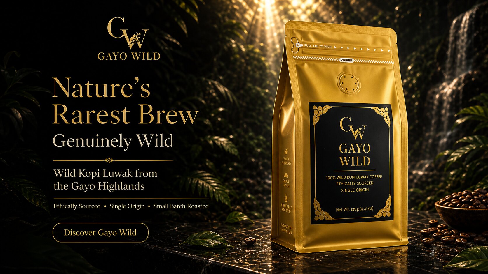 Gayo Wild — Nature's Rarest Brew – Genuinely Wild. 100% wild Kopi Luwak coffee from the Gayo Highlands of Sumatra, ethically sourced and small-batch roasted, shown in its 125g gold pouch amid the Sumatran rainforest.